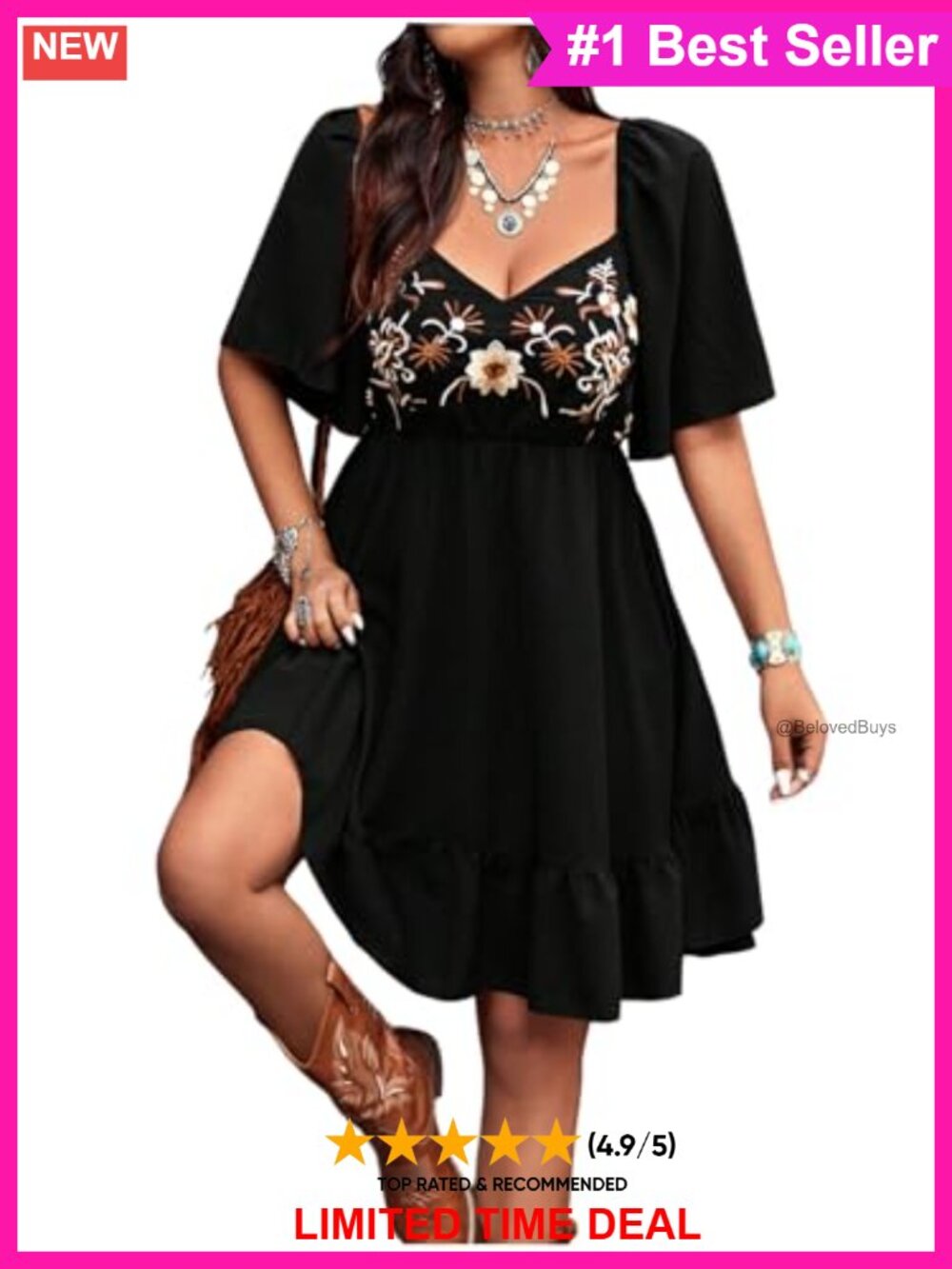 Boho Western Cowgirl Floral Embroidered Ruffle Hem A-Line Vacation Dress